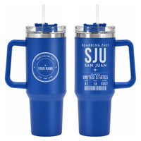 Thumbnail for Luis Muñoz Marín International Airport San Juan (SJU) Stainless Steel Mugs - Boarding Pass + Custom Back - 40oz Car Mug - Blue
