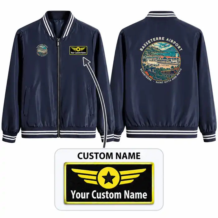 St Kitts Robert L. Bradshaw International Airport (SKB) Stylish Jackets - Baseball Collar - Badge + Name - Navy Blue