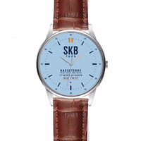 Thumbnail for St Kitts Robert L. Bradshaw International Airport (SKB) Aviator Watches - Classic - Light Blue - Leather Strap - Striped Brown Leather Strap