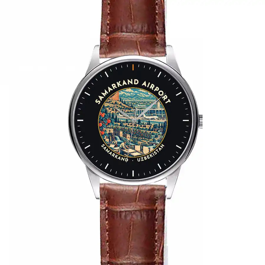 Samarkand International Airport (SKD) Aviator Watches - Badge - Leather Strap - Striped Brown Leather Strap