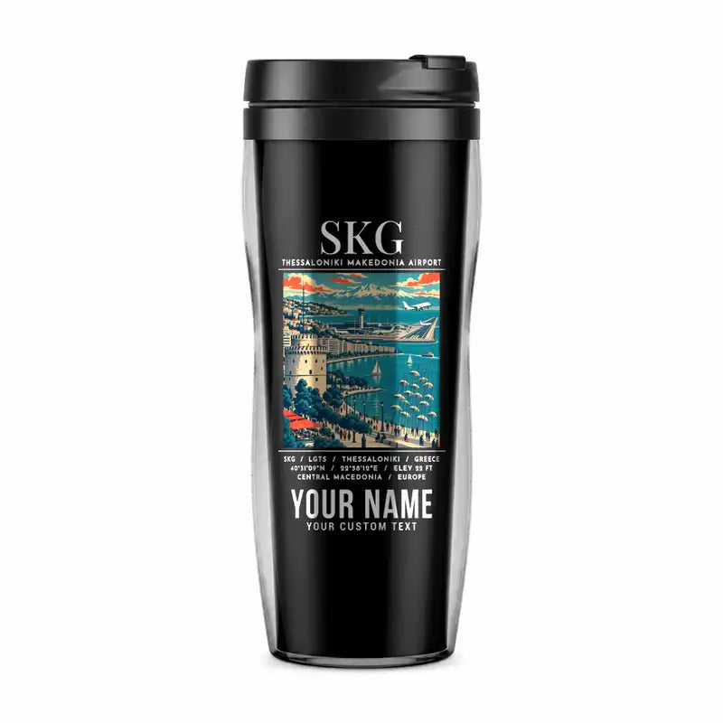 Thessaloniki Airport “Makedonia” (SKG) Travel Mugs - Poster + Name - Plastic (No Holder) - Black