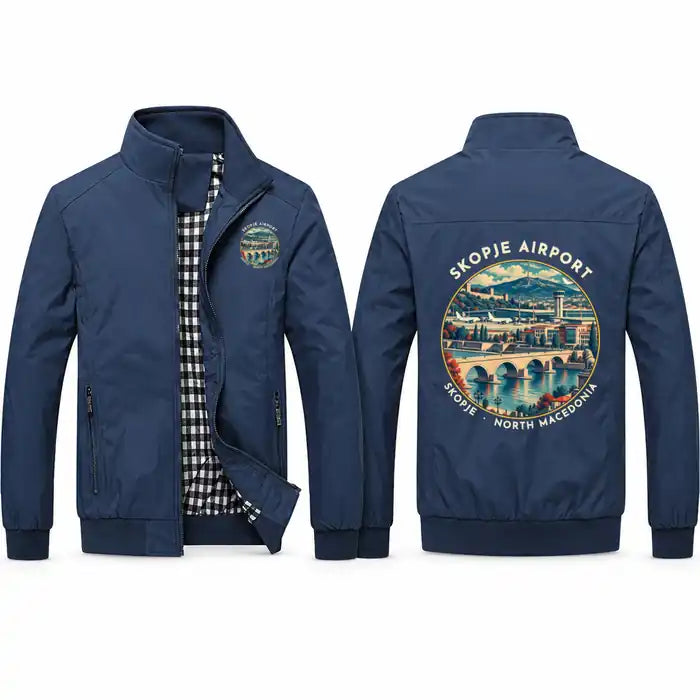 Skopje International Airport (SKP) Stylish Jackets - Stand Collar - Badge - Navy Blue