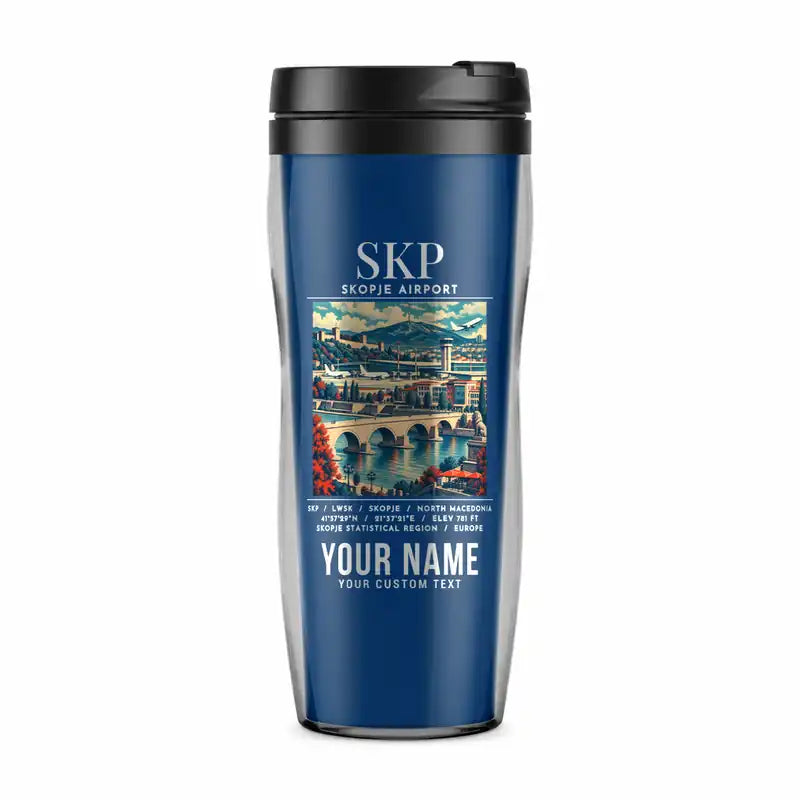 Skopje International Airport (SKP) Travel Mugs - Poster + Name - Plastic (No Holder) - Blue