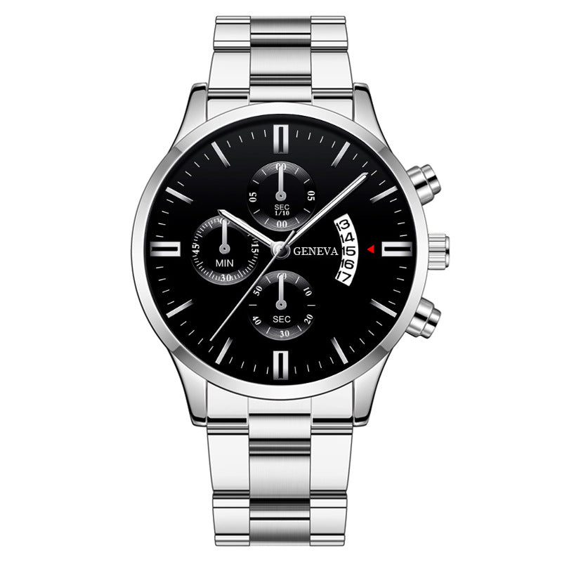 Men's Business Quartz Watch: Large Dial with 3 Sub-Dials, Calendar Function & Stainless Steel Strap
