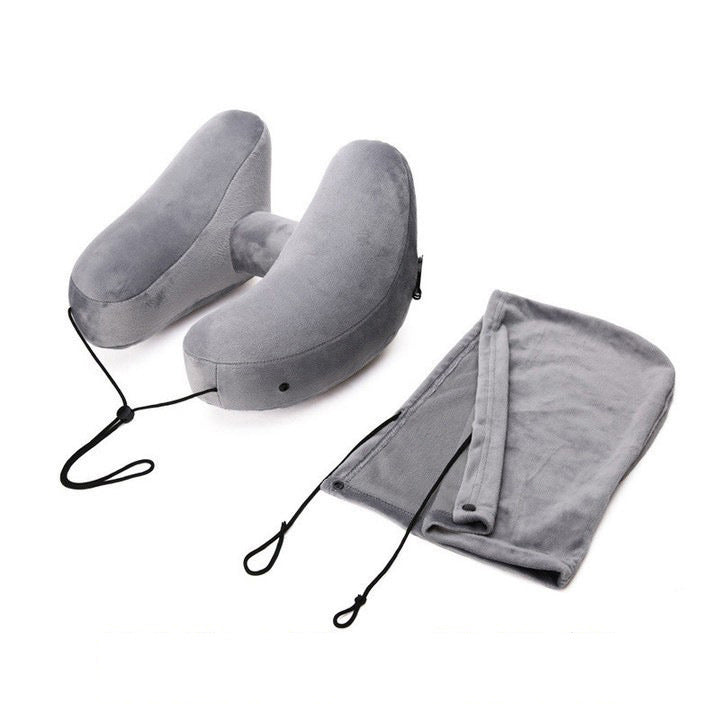 Inflatable U-Shaped Hooded Travel Neck Pillow: Portable (with Blackout Windproof Cap)