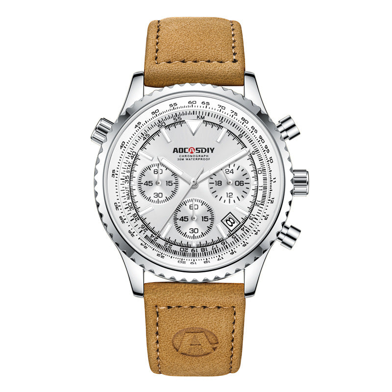 Luxury Military-Inspired Men's Quartz Watch: Premium Leather Strap, Waterproof Design with Chronograph, Date & Luminous Display