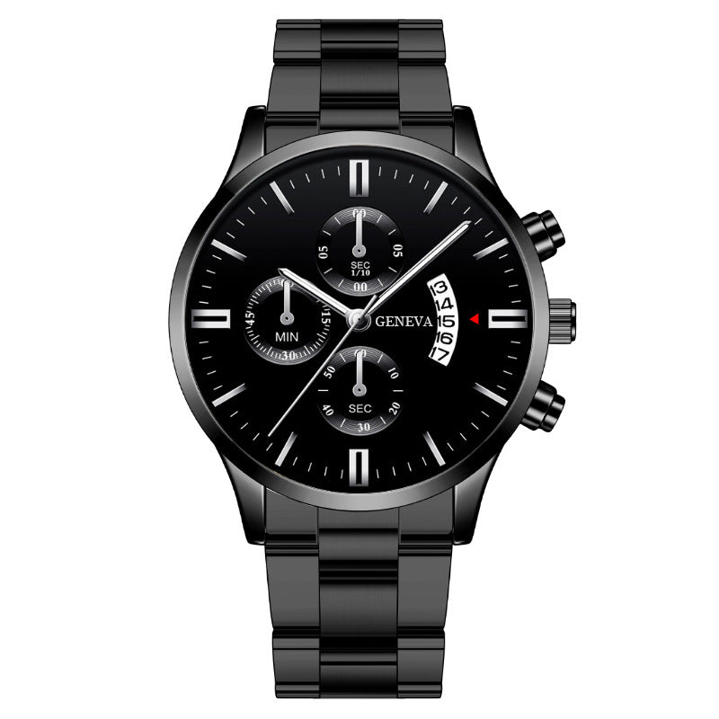 Men's Business Quartz Watch: Large Dial with 3 Sub-Dials, Calendar Function & Stainless Steel Strap