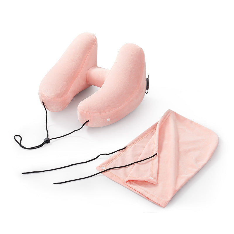 Inflatable U-Shaped Hooded Travel Neck Pillow: Portable (with Blackout Windproof Cap)