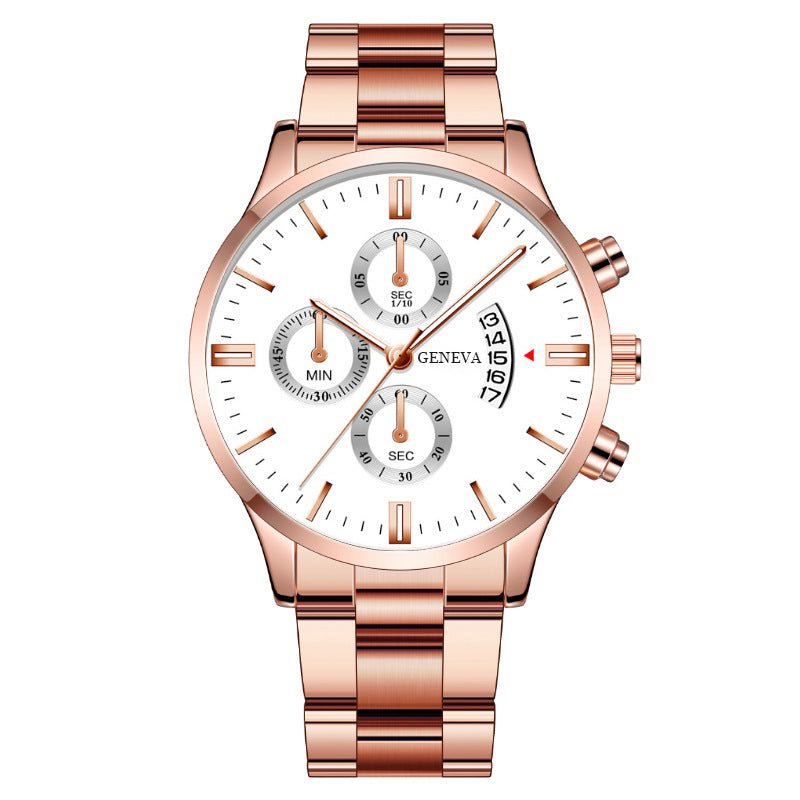 Men's Business Quartz Watch: Large Dial with 3 Sub-Dials, Calendar Function & Stainless Steel Strap