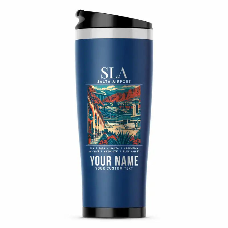 Salta Martín Miguel de Güemes International Airport (SLA) Travel Mugs - Poster + Name - Stainless Steel (No Holder) - Blue