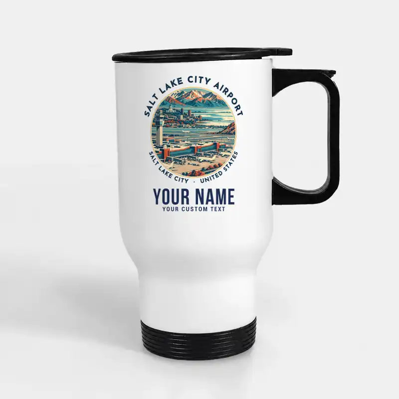 Salt Lake City International Airport (SLC) Travel Mugs - Badge + Name - Stainless Steel with Holder - White