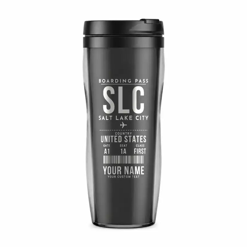 Salt Lake City International Airport (SLC) Travel Mugs - Boarding Pass + Name - Plastic (No Holder) - Gray