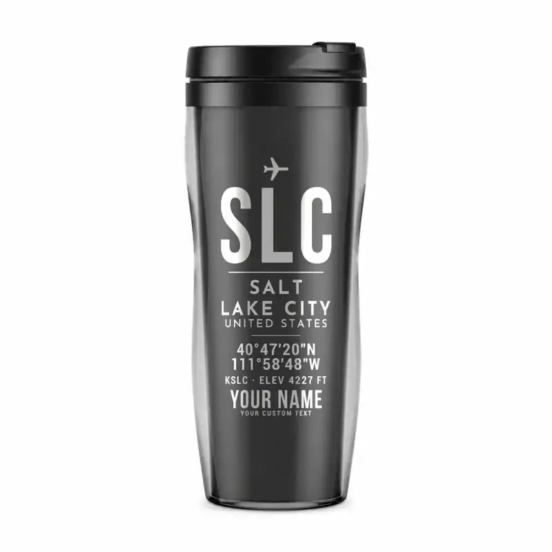 Salt Lake City International Airport (SLC) Travel Mugs - ID Tag + Name - Plastic (No Holder) - Gray