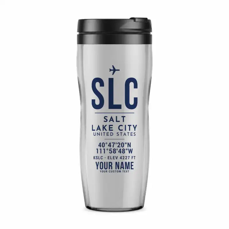 Salt Lake City International Airport (SLC) Travel Mugs - ID Tag + Name - Plastic (No Holder) - Light Gray