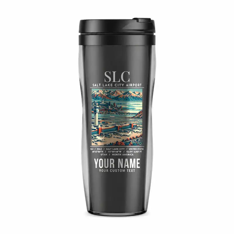 Salt Lake City International Airport (SLC) Travel Mugs - Poster + Name - Plastic (No Holder) - Gray