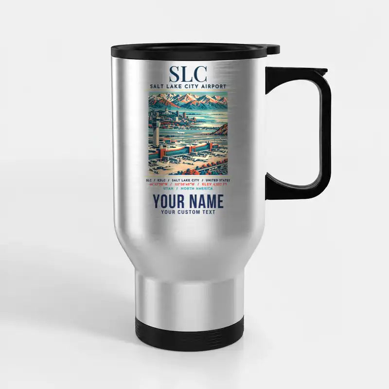 Salt Lake City International Airport (SLC) Travel Mugs - Poster + Name - Stainless Steel with Holder - Silver