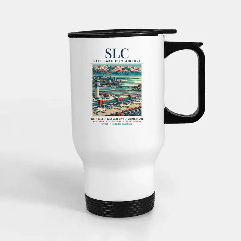 Salt Lake City International Airport (SLC) Travel Mugs - Poster - Stainless Steel with Holder - White