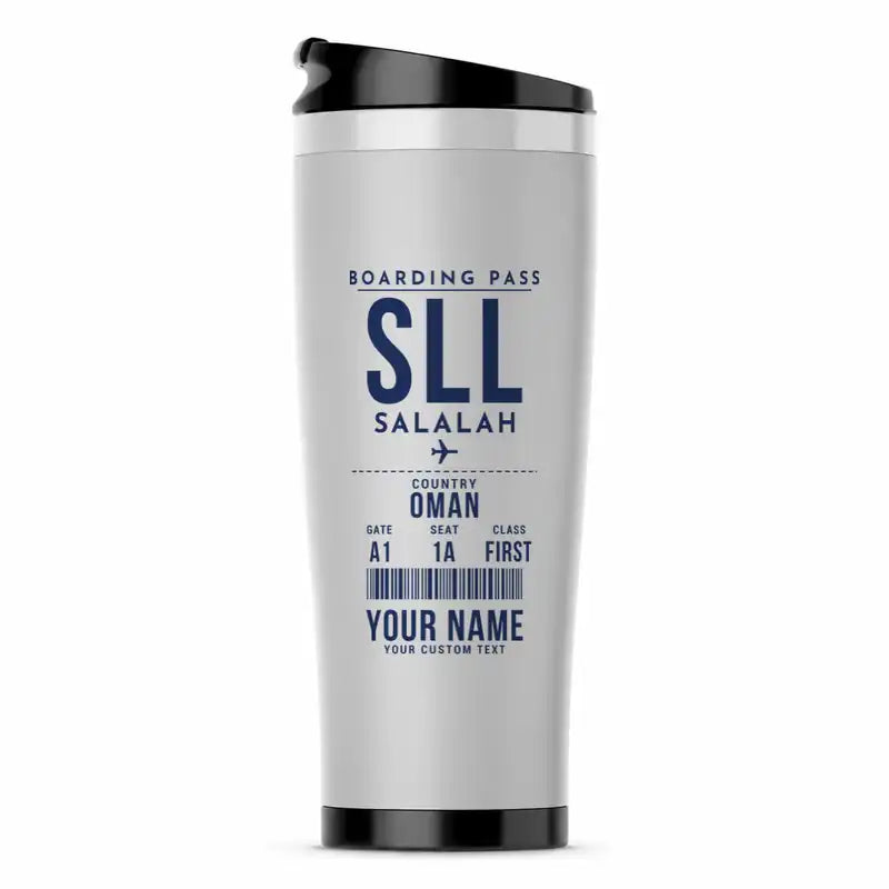 Salalah Airport (SLL) Travel Mugs - Boarding Pass + Name - Stainless Steel (No Holder) - Light Gray