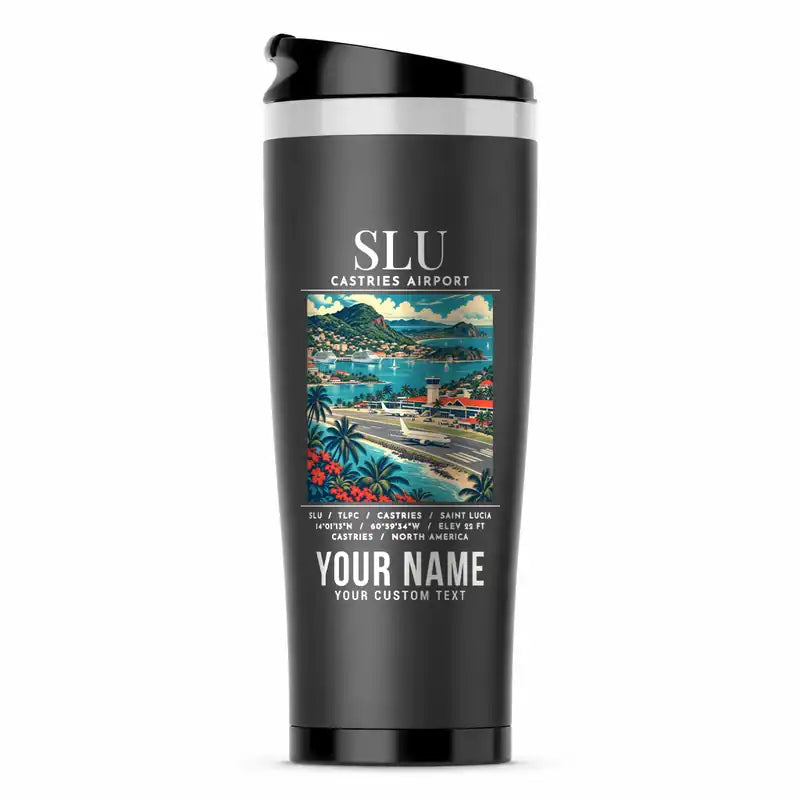 George F. L. Charles Airport (SLU) Travel Mugs - Poster + Name - Stainless Steel (No Holder) - Gray