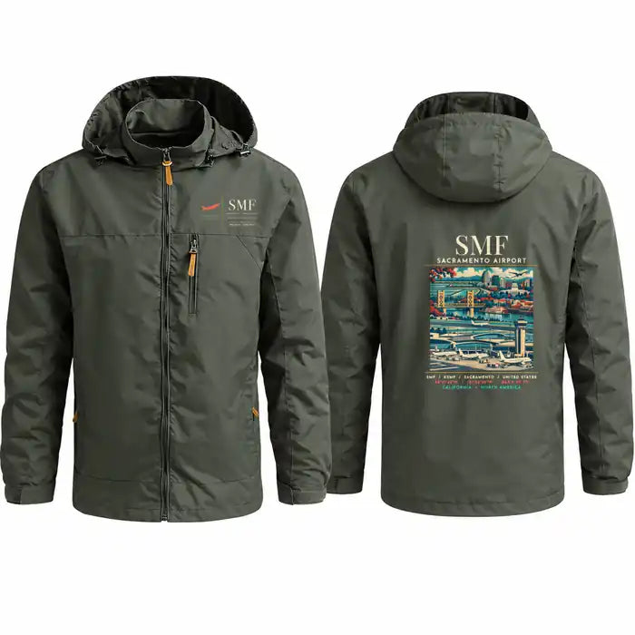 Sacramento International Airport (SMF) Stylish Jackets - Hooded Windbreaker - Poster - Olive Green