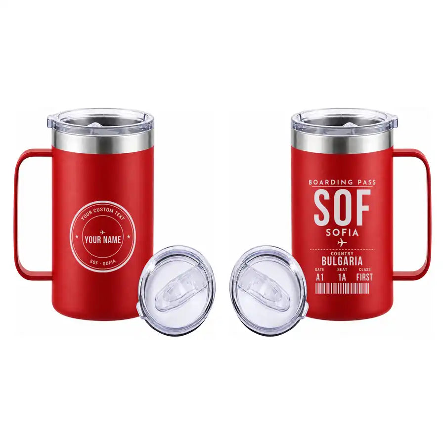Vasil Levski Airport – Sofia (SOF) Stainless Steel Mugs - Boarding Pass + Custom Back - Stainless Steel Mug - 24 oz / 700ML - Red