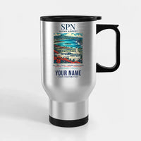 Thumbnail for Francisco C. Ada Saipan International Airport (SPN) Travel Mugs - Poster + Name - Stainless Steel with Holder - Silver