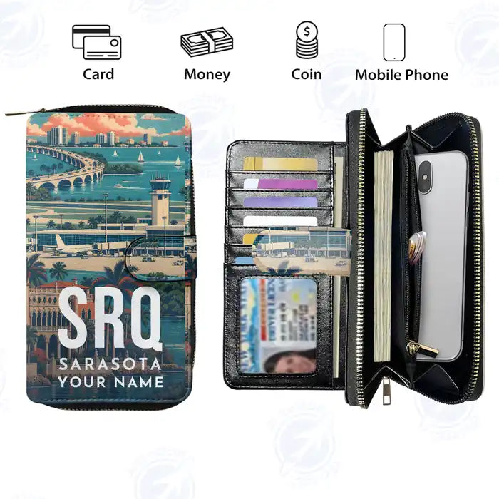 Sarasota Bradenton International Airport (SRQ) Leather Wallets - Zip Long Wallet - Scene + Name