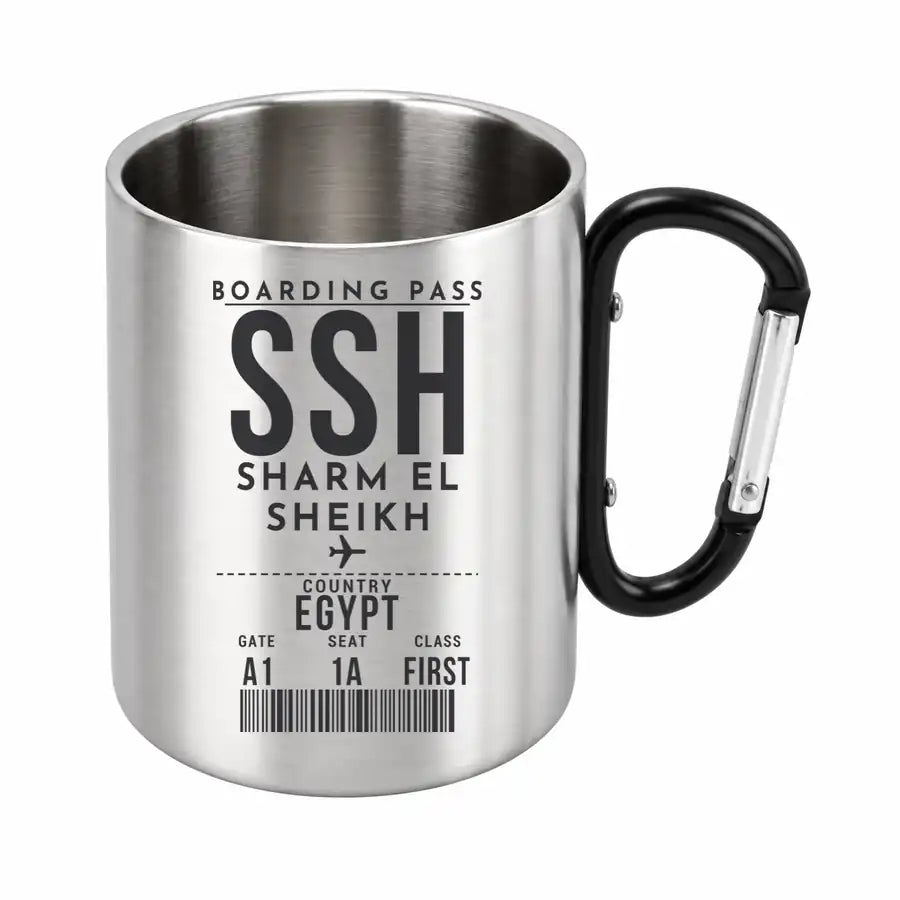 Sharm El Sheikh International Airport (SSH) Stainless Steel Mugs - Boarding Pass - Outdoors Mug - Black