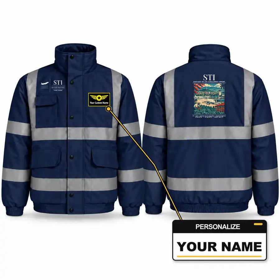 Santiago Cibao International Airport (STI) Reflective Winter Jackets - Poster + Name - Navy Blue