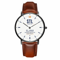 Thumbnail for St. Louis Lambert International Airport (STL) Aviator Watches - Classic - White - Slim Leather - Black & Brown Leather Strap