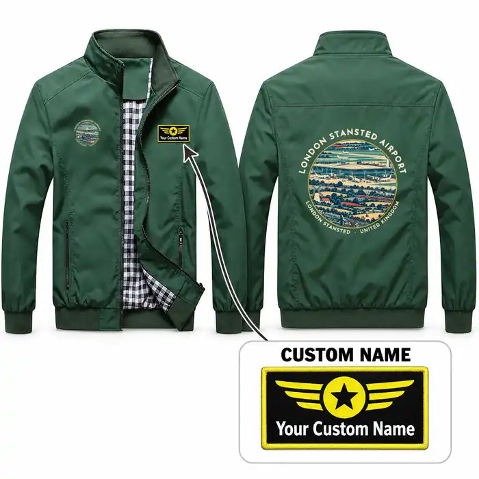 London Stansted Airport (STN) Stylish Jackets - Stand Collar - Badge + Name - Green