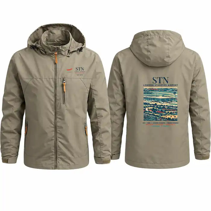 London Stansted Airport (STN) Stylish Jackets - Hooded Windbreaker - Poster - Khaki