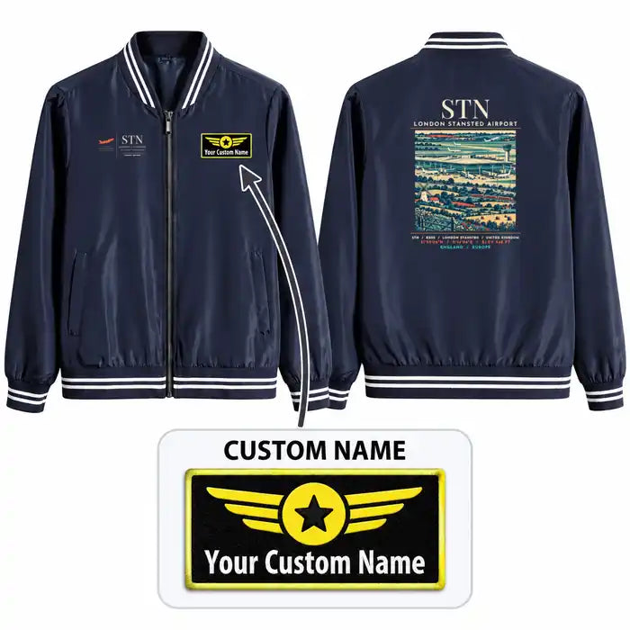 London Stansted Airport (STN) Stylish Jackets - Baseball Collar - Poster + Name - Navy Blue
