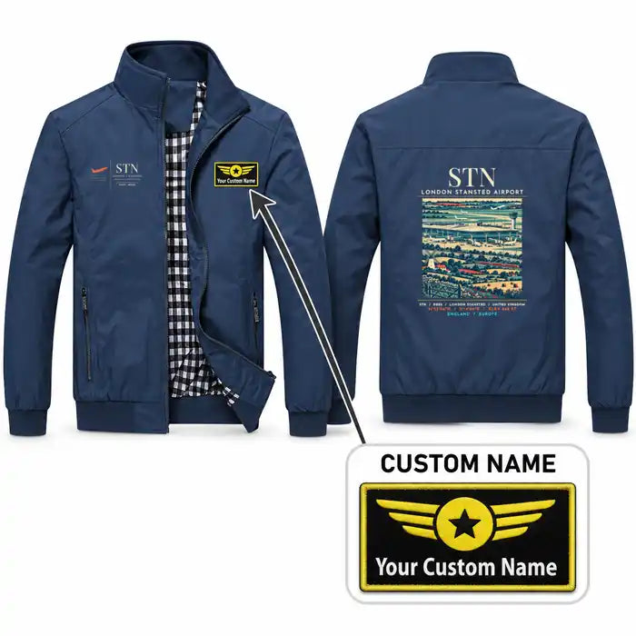 London Stansted Airport (STN) Stylish Jackets - Stand Collar - Poster + Name - Navy Blue