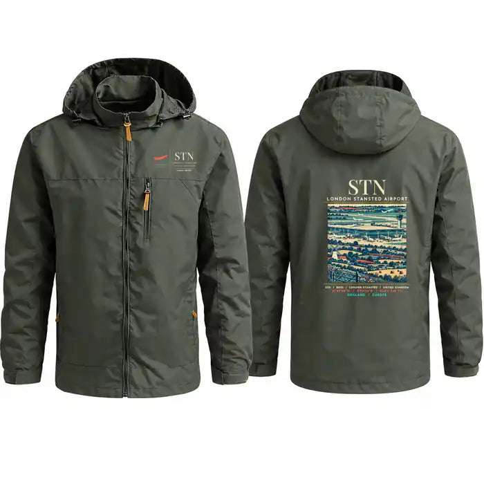 London Stansted Airport (STN) Stylish Jackets - Hooded Windbreaker - Poster - Olive Green