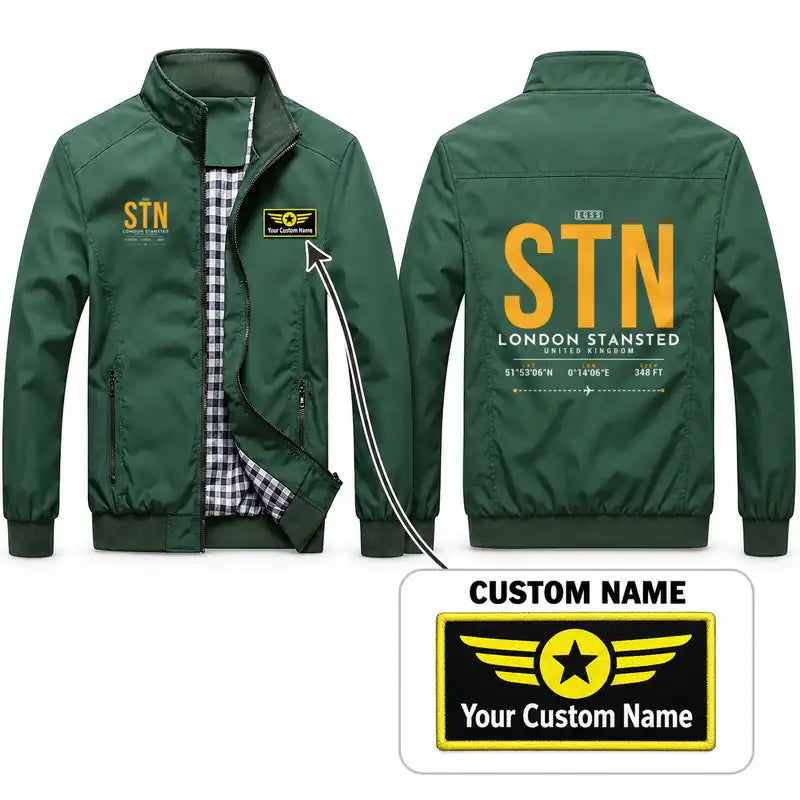 London Stansted Airport (STN) Stylish Jackets - Stand Collar - Tag + Name - Green