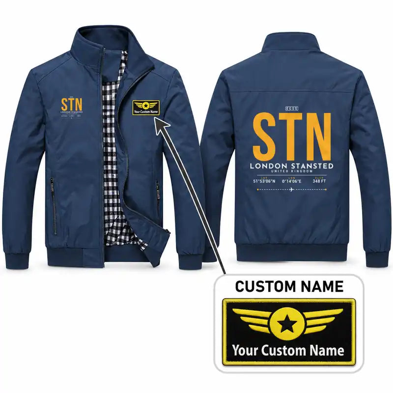 London Stansted Airport (STN) Stylish Jackets - Stand Collar - Tag + Name - Navy Blue