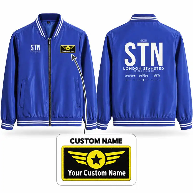 London Stansted Airport (STN) Stylish Jackets - Baseball Collar - Tag + Name - Royal Blue
