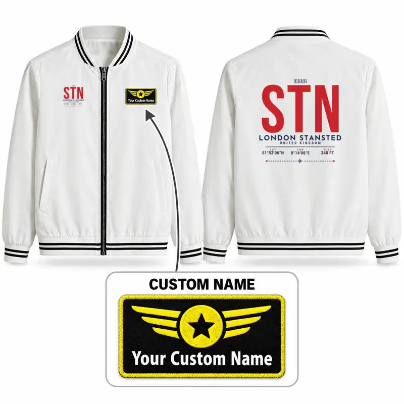 London Stansted Airport (STN) Stylish Jackets - Baseball Collar - Tag + Name - White
