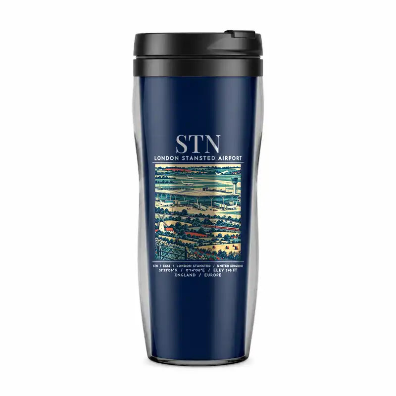 London Stansted Airport (STN) Travel Mugs - Poster - Plastic (No Holder) - Dark Blue
