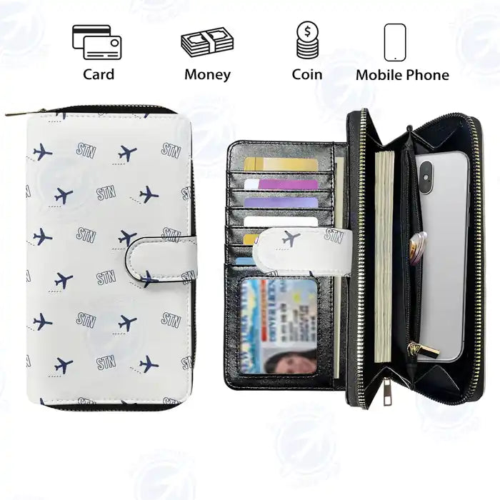 London Stansted Airport (STN) Leather Wallets - Zip Long Wallet - Pattern - White