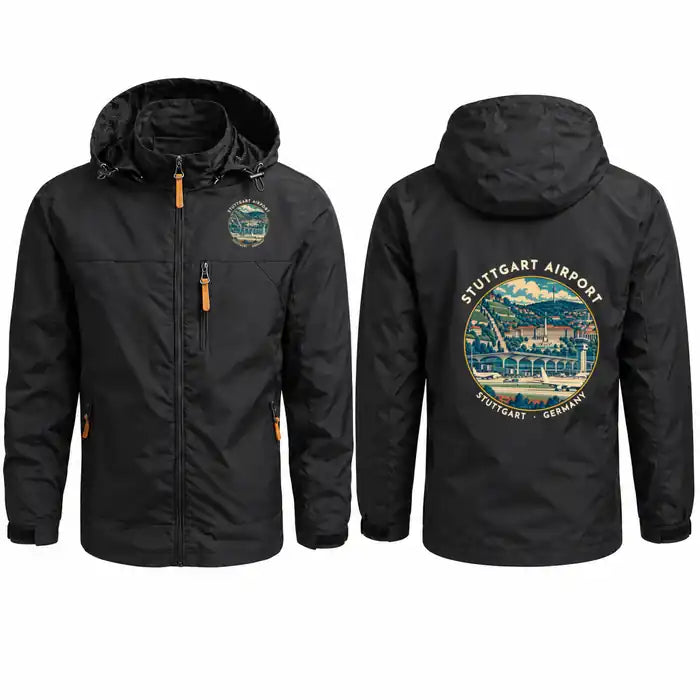 Stuttgart Airport (STR) Stylish Jackets - Hooded Windbreaker - Badge - Black