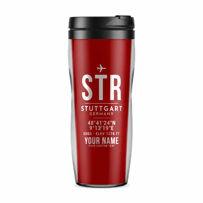 Stuttgart Airport (STR) Travel Mugs - ID Tag + Name - Plastic (No Holder) - Red