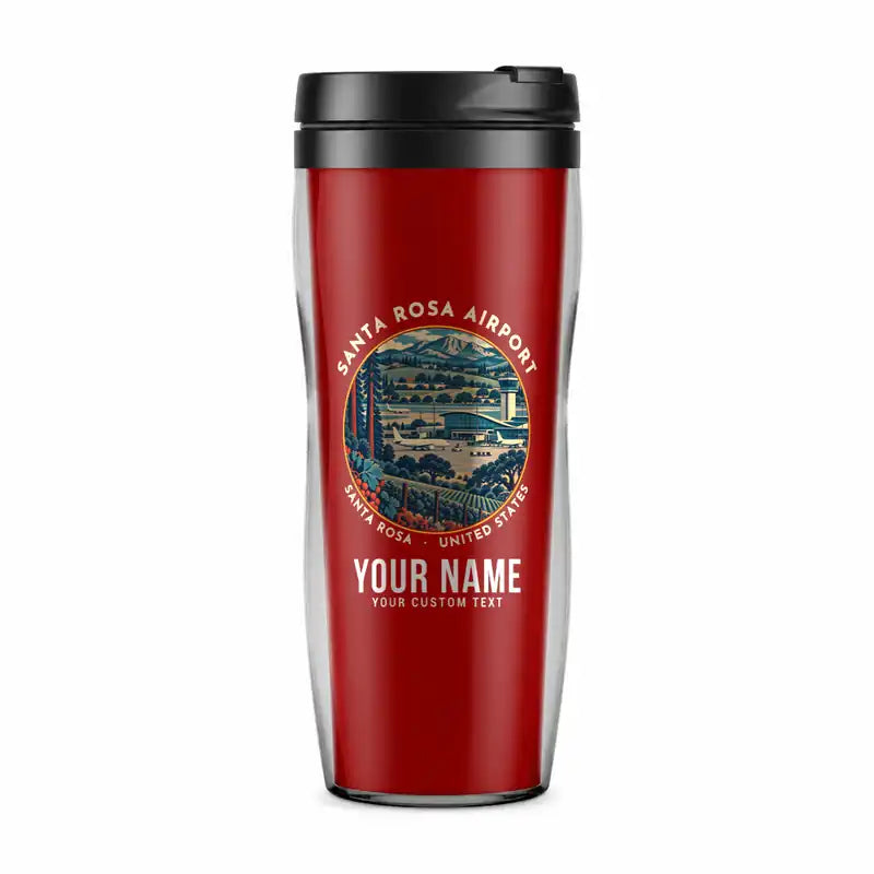 Charles M. Schulz–Sonoma County Airport Santa Rosa (STS) Travel Mugs - Badge + Name - Plastic (No Holder) - Red
