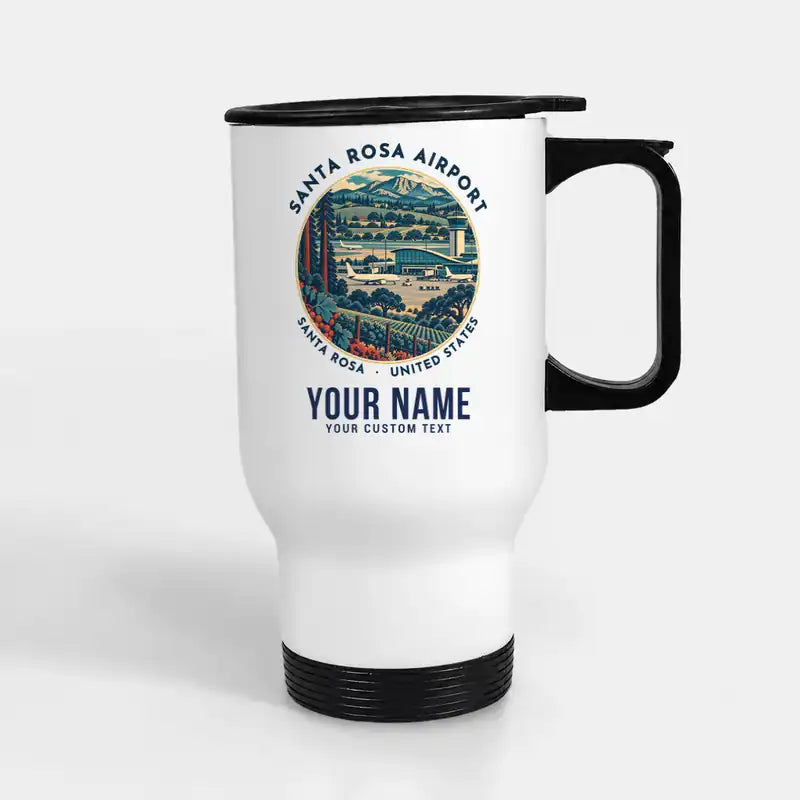 Charles M. Schulz–Sonoma County Airport Santa Rosa (STS) Travel Mugs - Badge + Name - Stainless Steel with Holder - White