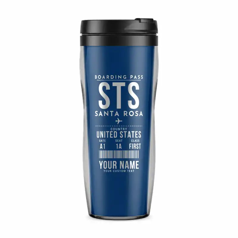 Charles M. Schulz–Sonoma County Airport Santa Rosa (STS) Travel Mugs - Boarding Pass + Name - Plastic (No Holder) - Blue