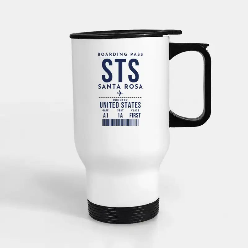 Charles M. Schulz–Sonoma County Airport Santa Rosa (STS) Travel Mugs - Boarding Pass - Stainless Steel with Holder - White