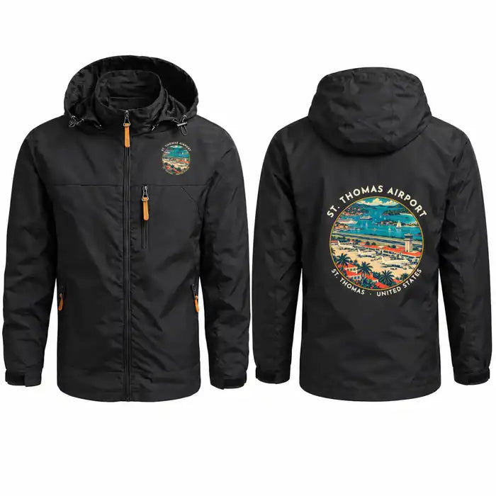 Cyril E. King Airport (STT) Stylish Jackets - Hooded Windbreaker - Badge - Black