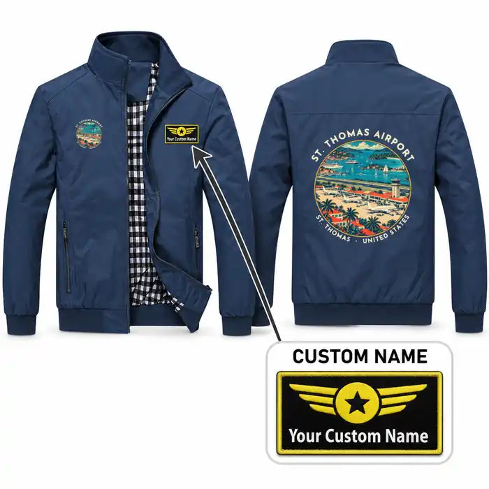 Cyril E. King Airport (STT) Stylish Jackets - Stand Collar - Badge + Name - Navy Blue