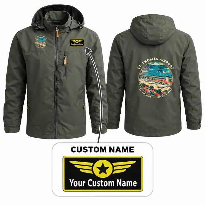 Cyril E. King Airport (STT) Stylish Jackets - Hooded Windbreaker - Badge + Name - Olive Green
